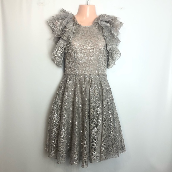 BCBG MAXAZRIA DRESS CYNTHIA SILVER RUFFLE SLEEVES LACE size 0 - Picture 3 of 16